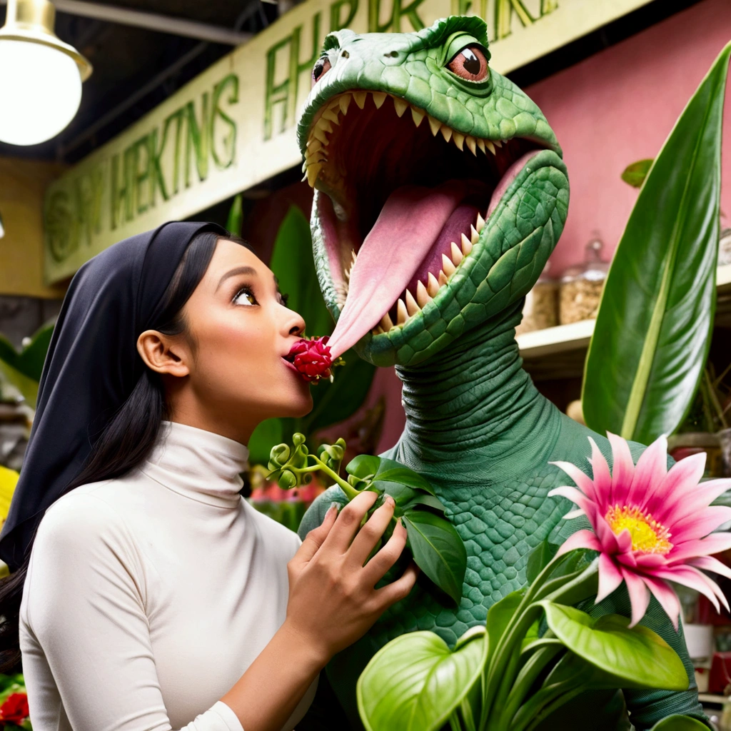 Little Shop of Horrors Audrey2 is a giant man eating plant. A sexy young malaysian woman in a hijab is looking into Audrey2's mouth, she is in a flower shop

