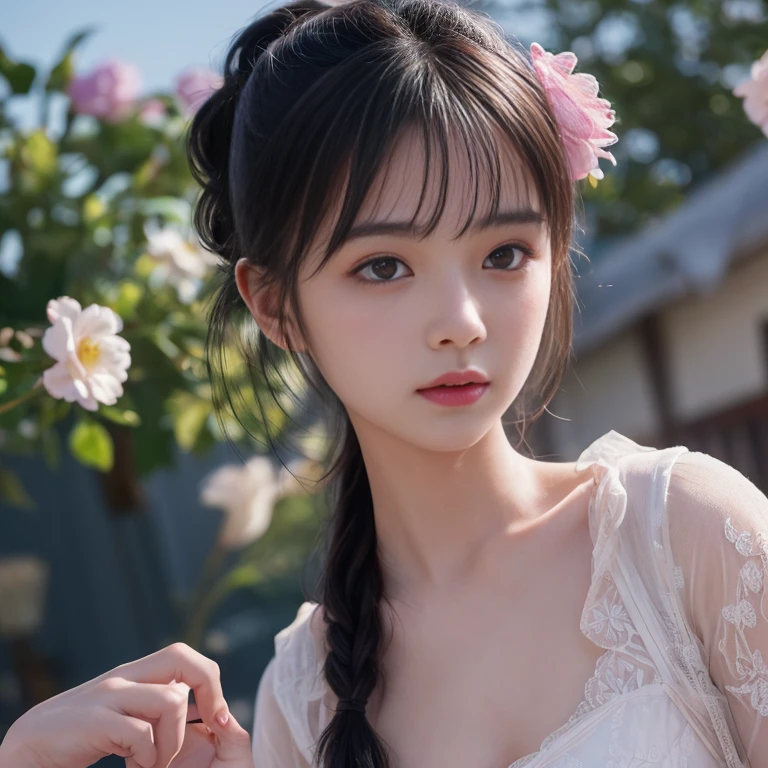 best quality, masterpiece, lifelike, 1 girl, solitary, eternity, black hair, Hair tied in a ponytail, Bangs, Wear dresses, flower, Detailed Background,  Delicate face，pink blush，cold，lots of lace，((​masterpiece))、(top quality)、8k、high detail、Super detailed、 21 years old female，​masterpiece、born、Fair、magic、realism、Visual effects、FXAA、SSAO、Shader、voiceless、ambient lighting、Tone mapping、High resolution、Ultra high quality、Million pixels、(8k resolution:1.10)、8k resolution、high detail、intricate details、 (high quality:1.2、​masterpiece:1.2、:1.21)、(21 years old female），Travel Photos