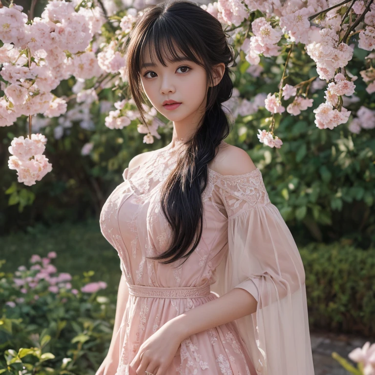 best quality, masterpiece, lifelike, 1 girl, solitary, eternity, black hair, Hair tied in a ponytail, Bangs, Wear dresses, flower, Detailed Background, Delicate face,pink blush,cold,lots of lace,((masterpiece))、(top quality)、8k、high detail、Super detailed、 21 years old female,masterpiece、born、Fair、magic、realism、Visual effects、FXAA、SSAO、Shader、voiceless、ambient lighting、Tone mapping、High resolution、Ultra high quality、Million pixels、(8k resolution:1.10)、8k resolution、high detail、intricate details、 (high quality:1.2、masterpiece:1.2、:1.21)、(21 years old female),Travel Photos