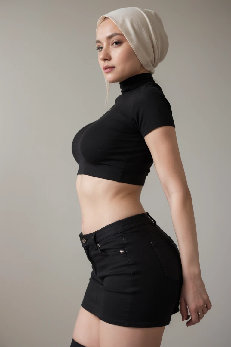 A milf wearing a hijab, Wear tight Croptop and wear jeans rockstar, armpits poses, blank background
