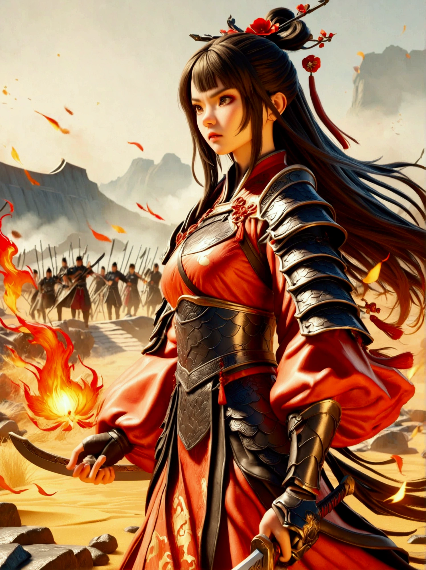 Chinese, Ancient battlefield, Chinese female general, holding a sword in her hand, Serious expression, whole body, Stunning facial features, Red robe, armor, boots, Yellow sand in the sky, Fire, Game Model, Stunning lighting, OC Rendering, Rim Light, Exquisite lighting, Very detailed, Epic creation, Ultra HD, best quality, masterpiece, high quality, 4K
