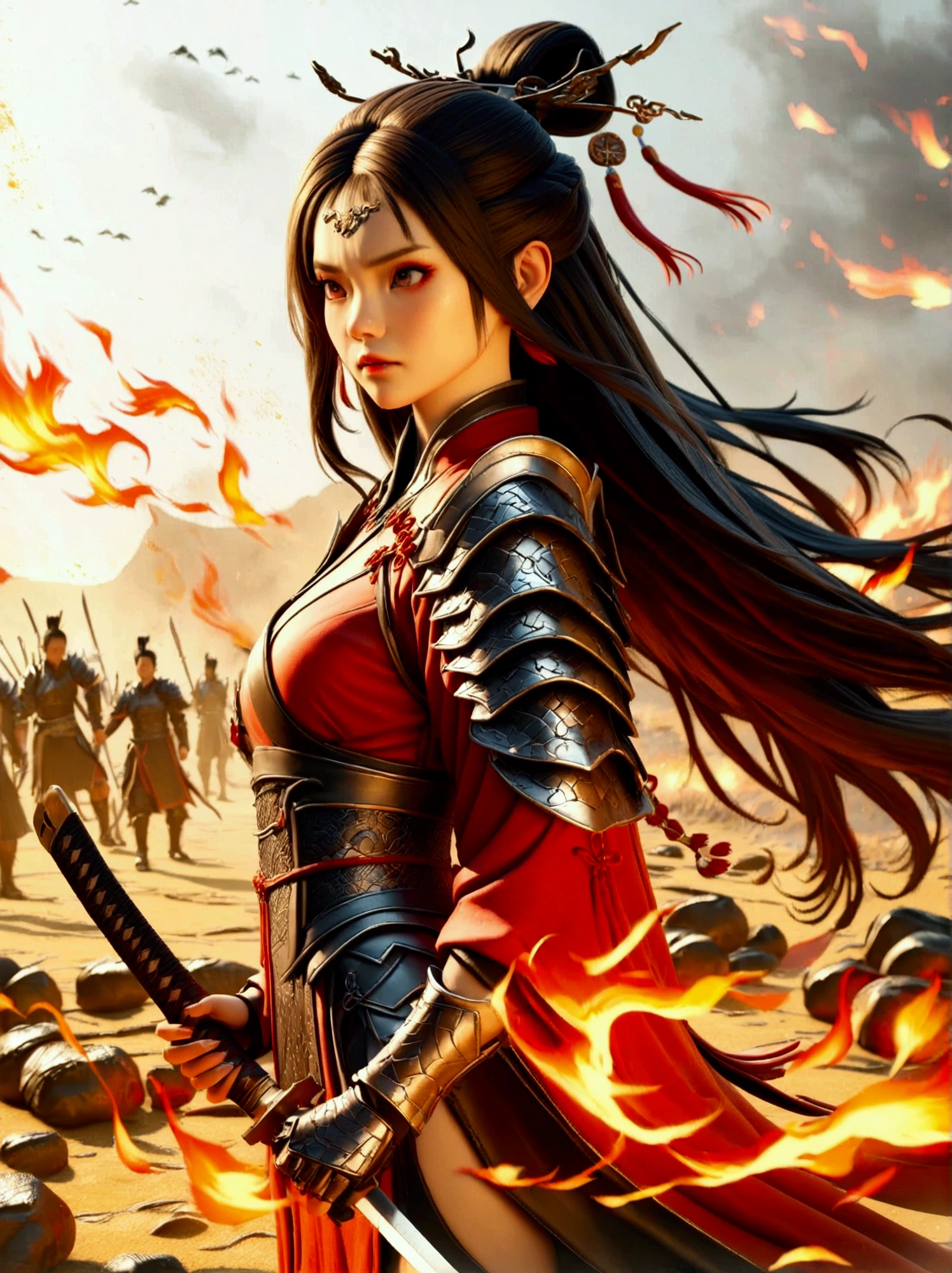 Chinese, Ancient battlefield, Chinese female general, holding a sword in her hand, Serious expression, whole body, Stunning facial features, Red robe, armor, boots, Yellow sand in the sky, Fire, Game Model, Stunning lighting, OC Rendering, Rim Light, Exquisite lighting, Very detailed, Epic creation, Ultra HD, best quality, masterpiece, high quality, 4K