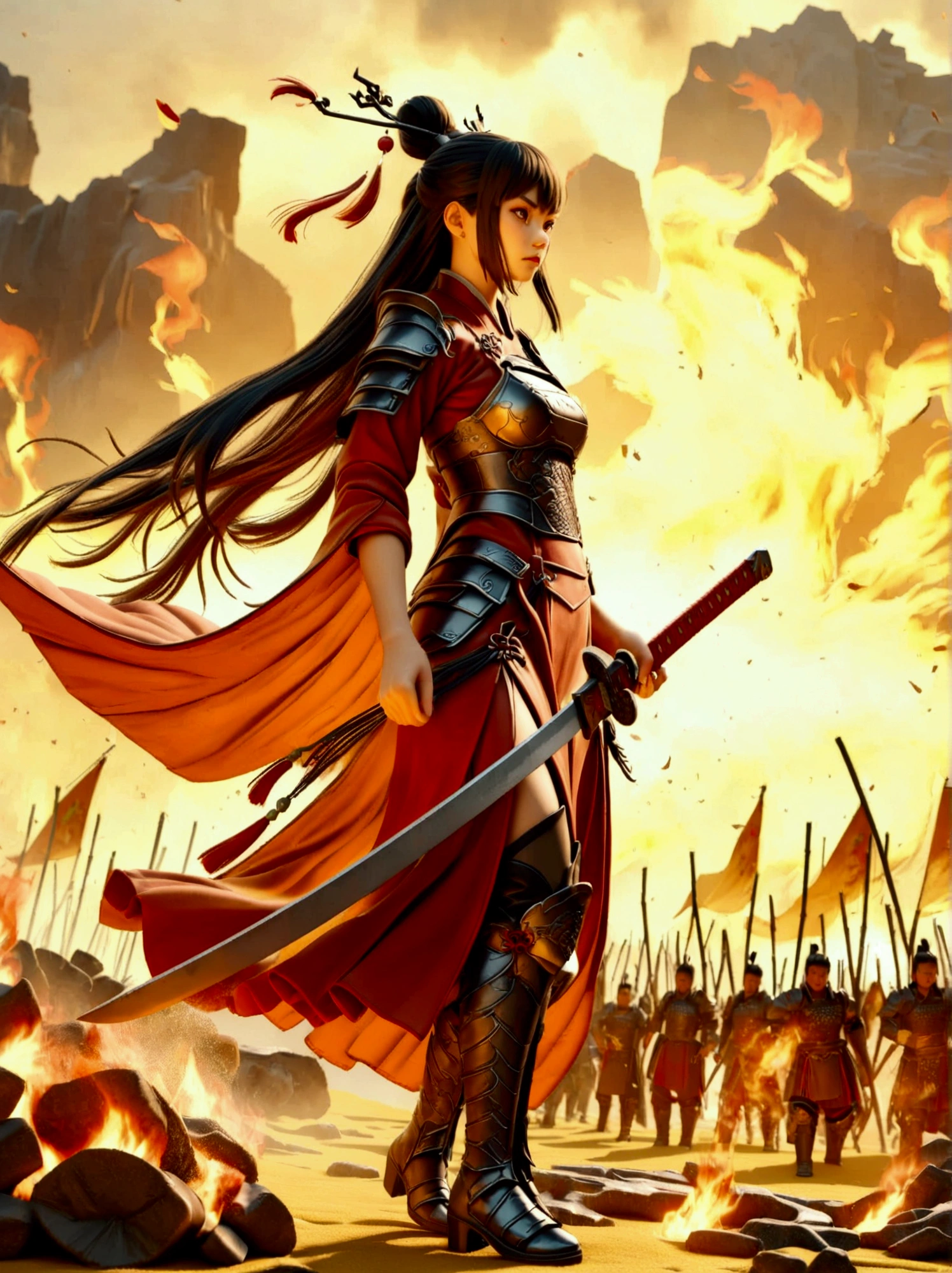 Chinese, Ancient battlefield, Chinese female general, holding a sword in her hand, Serious expression, whole body, Stunning facial features, Red robe, armor, boots, Yellow sand in the sky, Fire, Game Model, Stunning lighting, OC Rendering, Rim Light, Exquisite lighting, Very detailed, Epic creation, Ultra HD, best quality, masterpiece, high quality, 4K