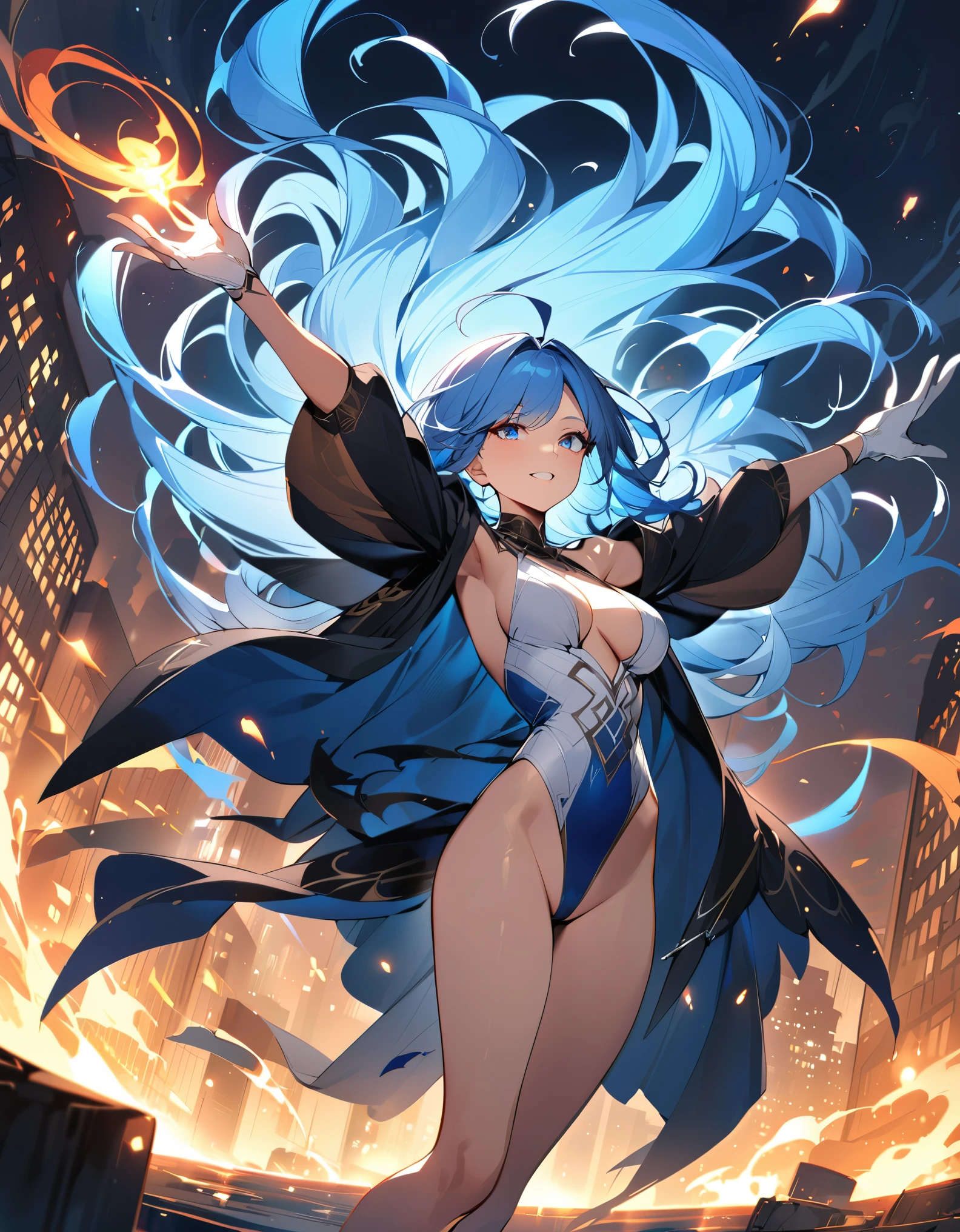 (masterpiece), (best quality), (high res), (solo, solo focus), 1lady, mature lady, magic, sorcerer, white and blue leotard, bare legs, blue hair, long hair, ahoge, blue eyes, beautiful detailed eyes, beautiful detailed face, perfect hands, complete fingers, perfect anatomy, perfect proportions, raised arms, casting a spell, matching white gloves, white vest, black ankle boots, high heels, new york backdrop, midnight, sky, outdoors, floating, evil grin, (her body surrounded by winds, black aura), cowboy shot, full-body costume design.