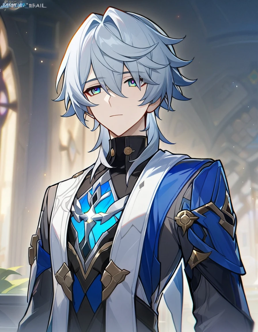 1 male, short hair, white hair, blue eyes, sunday(honkai:star_rail) clothes, (best quality,4k,highres,masterpiece:1.2), teenager, expressionless, emotionless