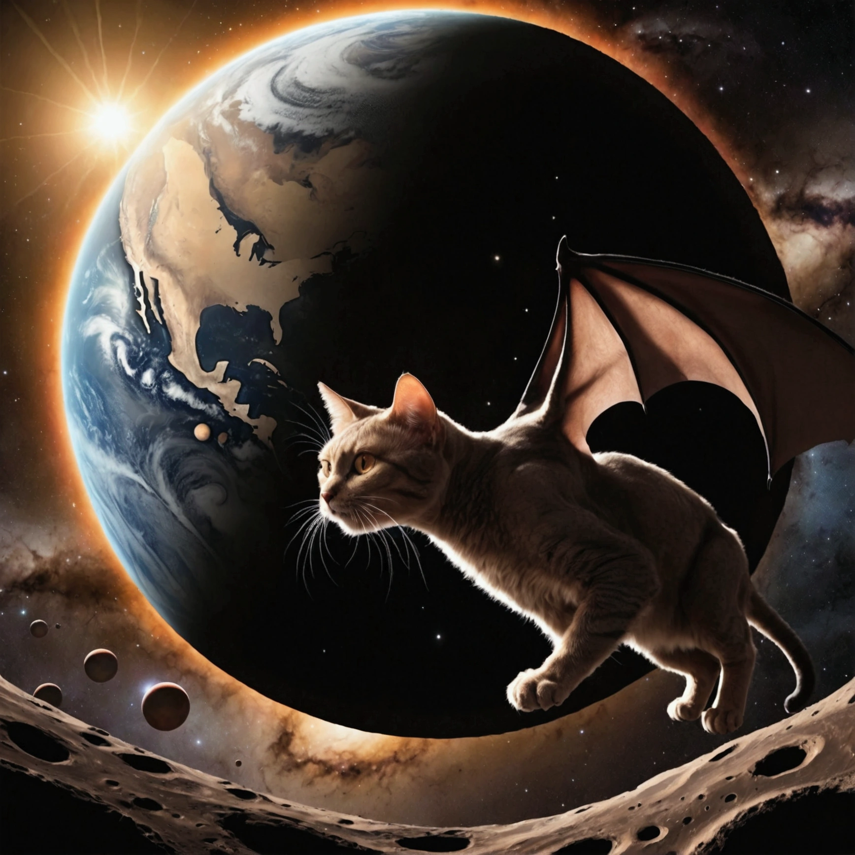 A gigantic cat bats the earh around as it chases Earth across the solar system
