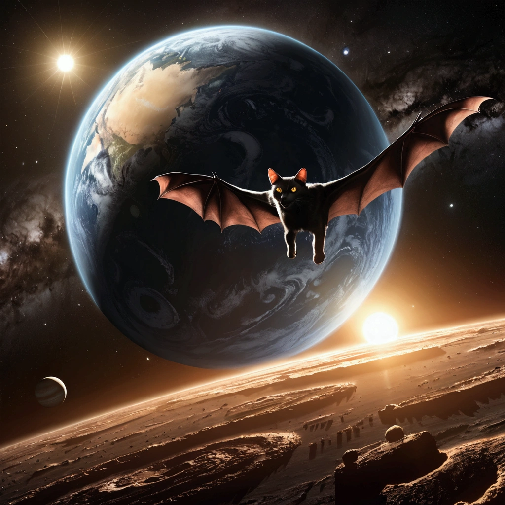 A gigantic cat bats the earh around as it chases Earth across the solar system