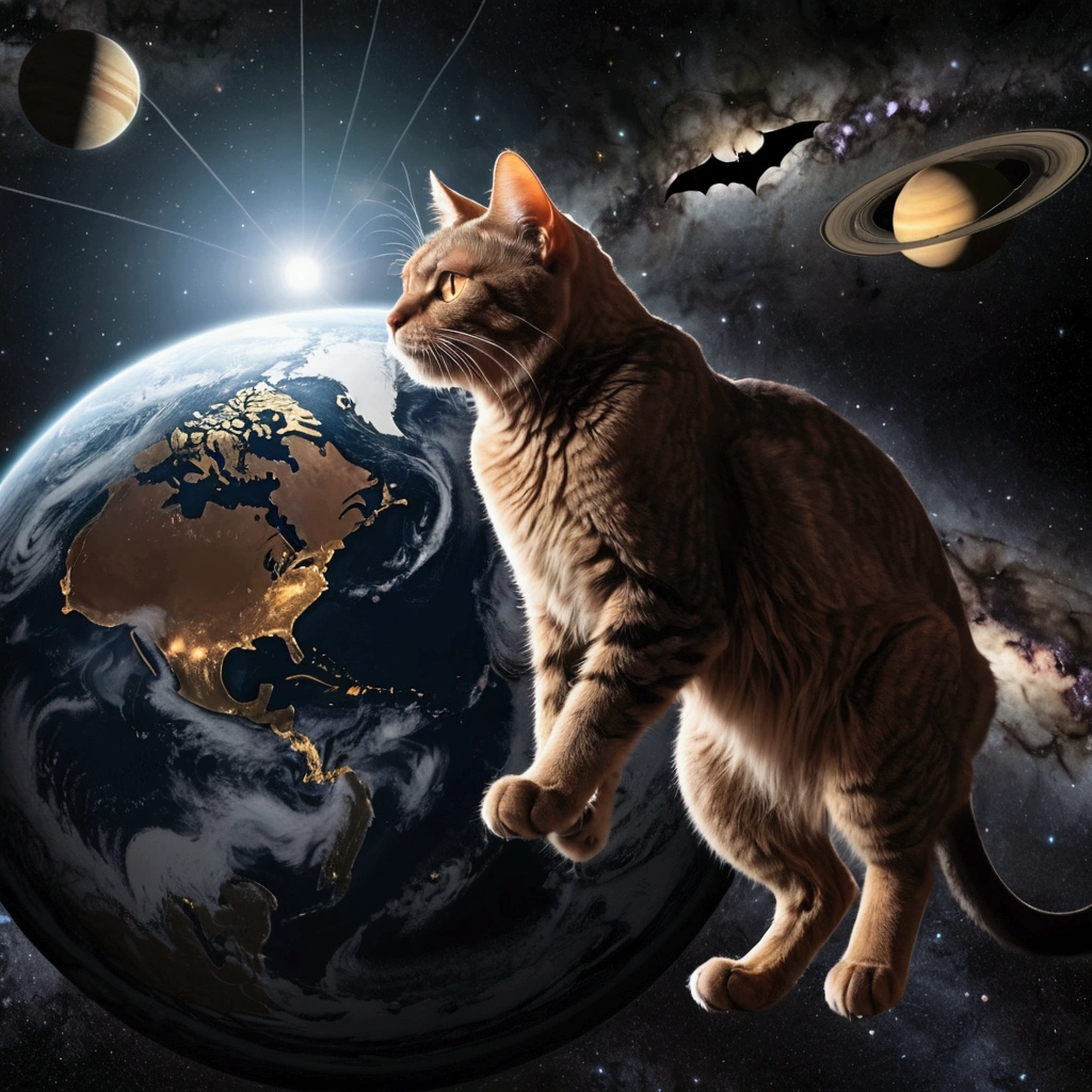 A gigantic cat bats the earh around as it chases Earth across the solar system