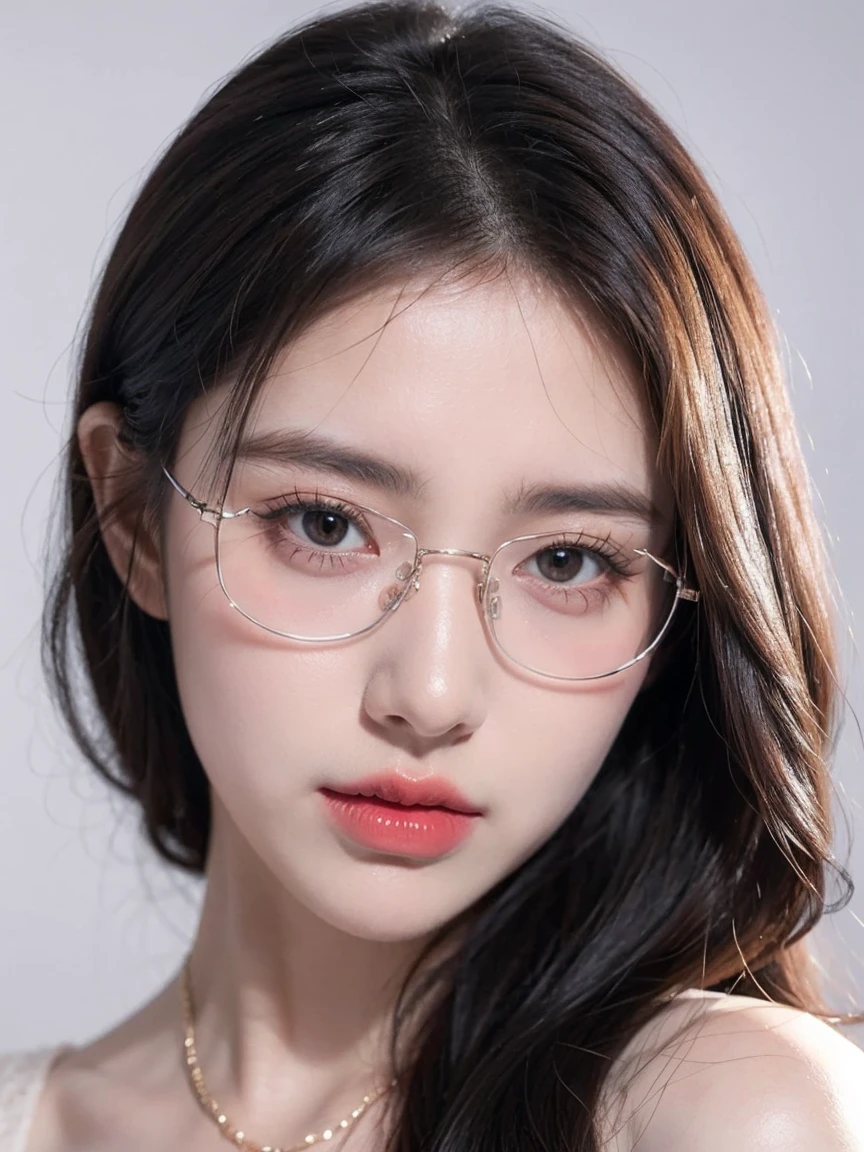 Top CG, Highest image quality, masterpiece, Gentle and beautiful girl, (185cm美女), (fit), Imperial sister, Queen temperament, White skin, Perfect facial features, Bright Eyes, Red lips, Beautiful and cold (A major breakthrough)), Beautiful and heroic, Soft and long hair, shiny, Lace, net, Visible through clear skin, wear glasses, ruby neckLace, (black off-shoulder tops), 8K Image Quality, (Realistic Portraits), Characters fill the screen, (Facial lighting), ((eternal),Frameless glasses,Sexy pose,Face looking to the left