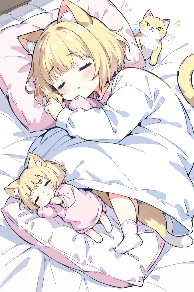 A cartoon of a cat sleeping on a pillow and another cat sleeping on it, there is nothingmimi, Cat girl, Beasts, There is a cat next to her, Cat girl, cute anime Cat girl, Ah ah, there is nothing, anime Cat girl, anime、Pink nightcap、Sleeping on a futon、Blonde Hair、Short Hair