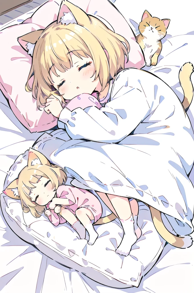A cartoon of a cat sleeping on a pillow and another cat sleeping on it, there is nothingmimi, Cat girl, Beasts, There is a cat next to her, Cat girl, cute anime Cat girl, Ah ah, there is nothing, anime Cat girl, anime、Pink nightcap、Sleeping on a futon、Blonde Hair、Short Hair