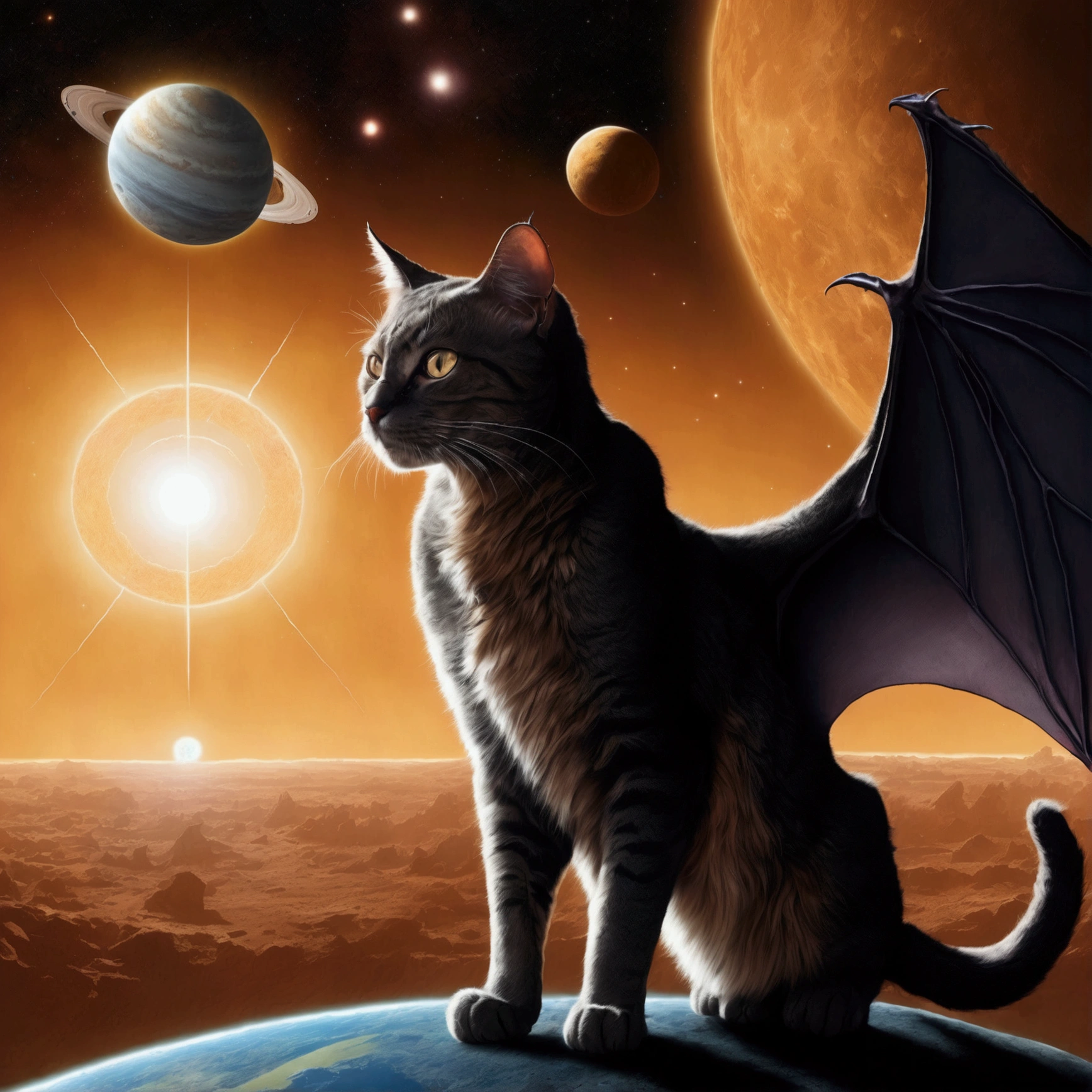 A gigantic cat bats the earh around as it chases Earth across the solar system