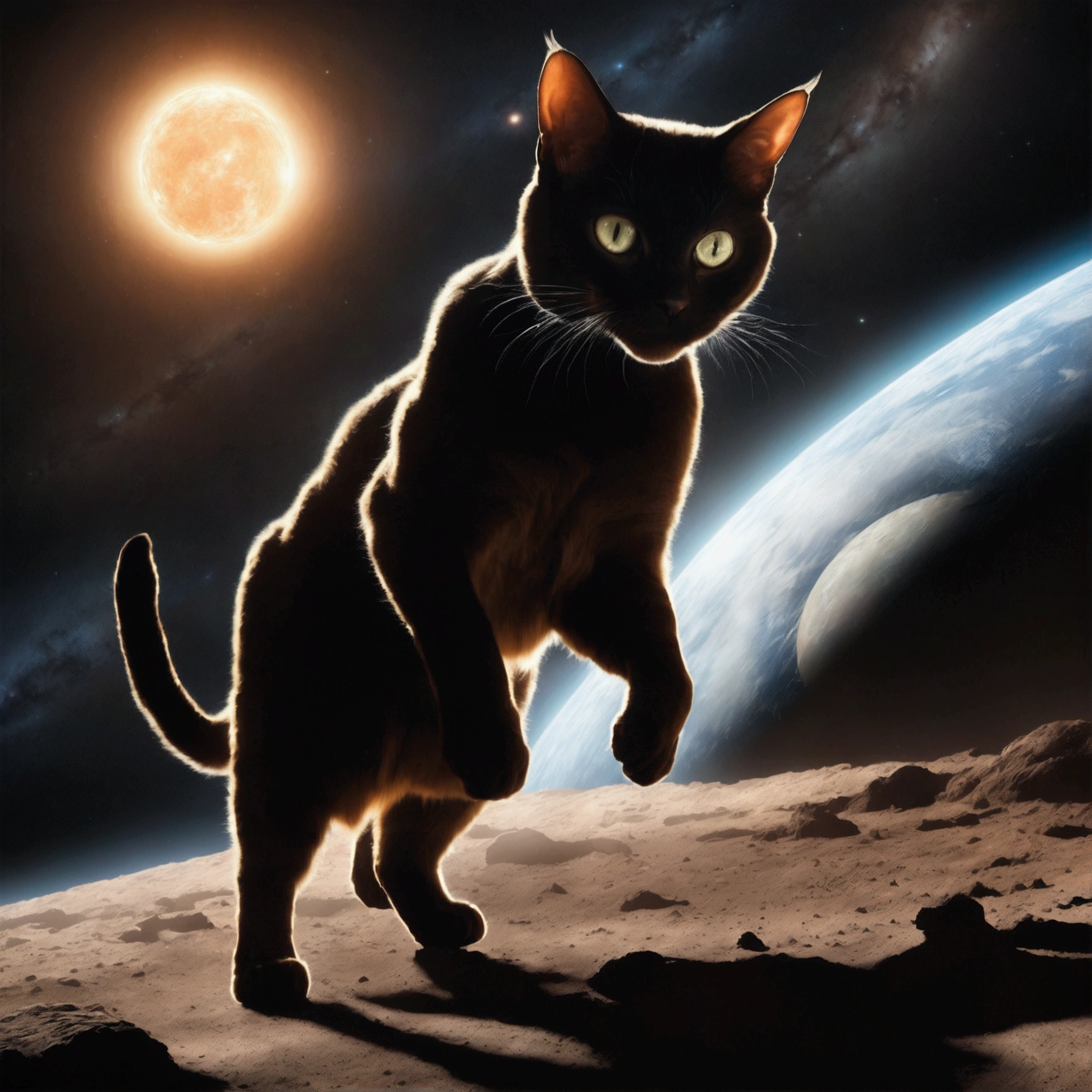 A gigantic cat bats the earh around as it chases Earth across the solar system
