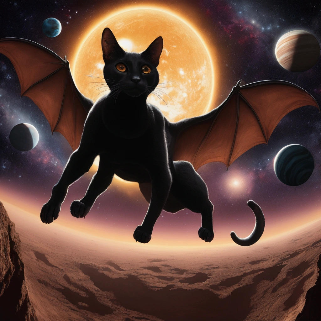 A gigantic cat bats the earh around as it chases Earth across the solar system