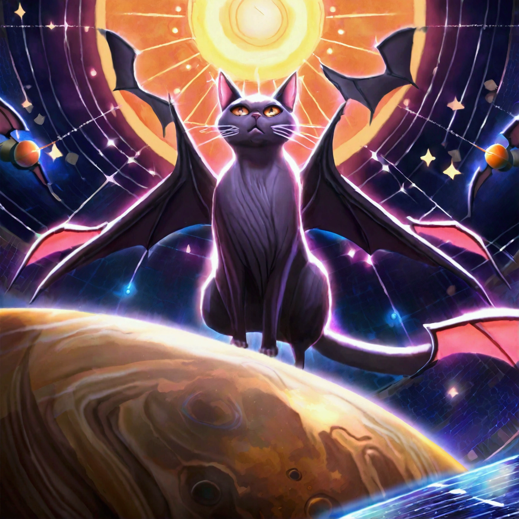 A gigantic cat bats the earh around as it chases Earth across the solar system