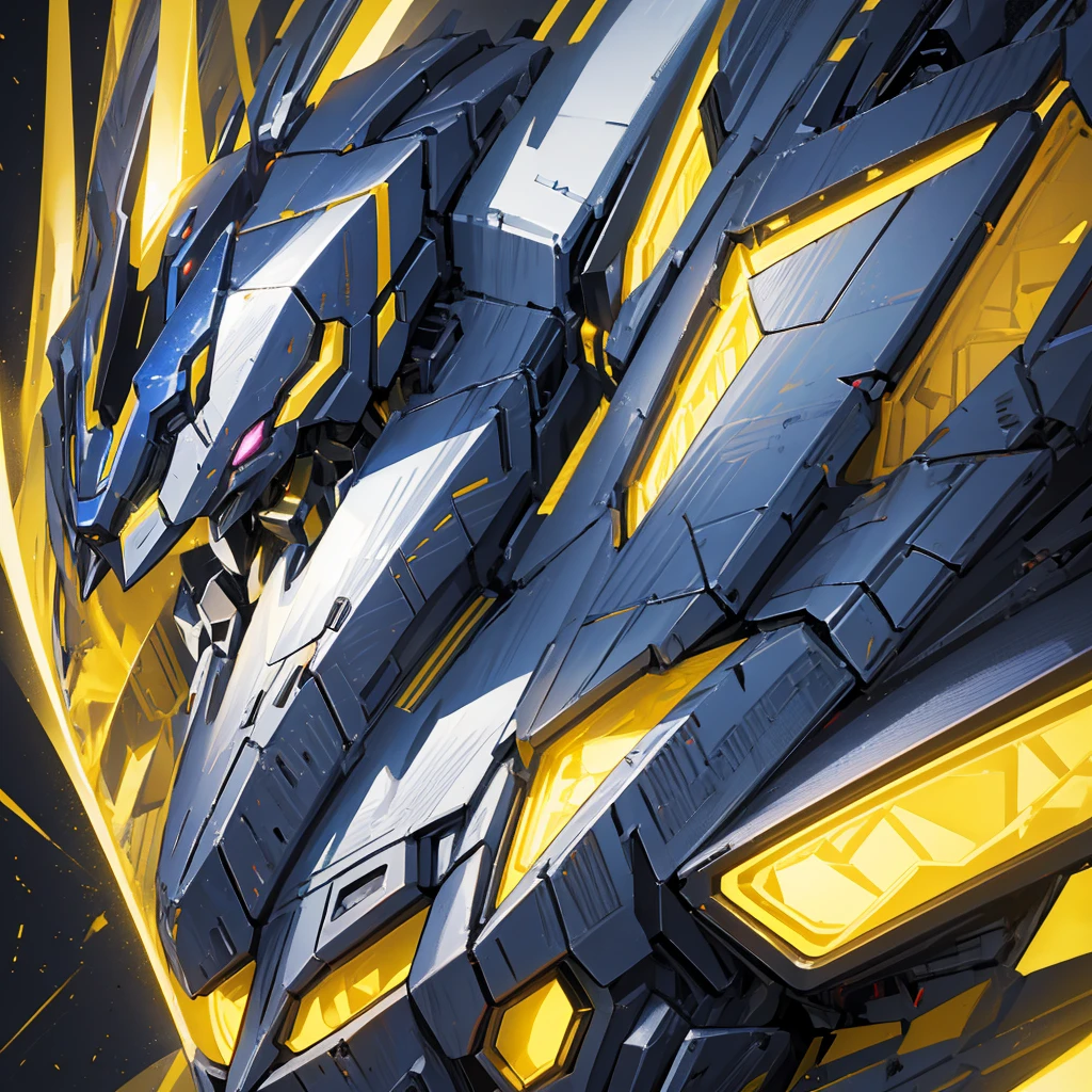 A mecha made of steel,A huge mecha flashing yellow light,((Pure black background))