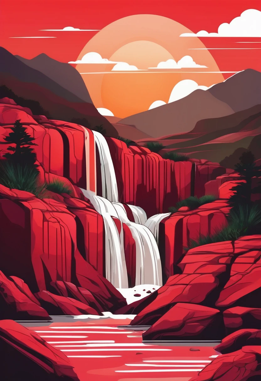 Waterfall flowing out of the canyon，Gather into streams，There are stones of different sizes around，There are a few small fish in the water.，A red sunset hangs on the distant mountain peaks，Vector illustration，8k，high quality，The Minimalists，Illustration style，Pure white background,