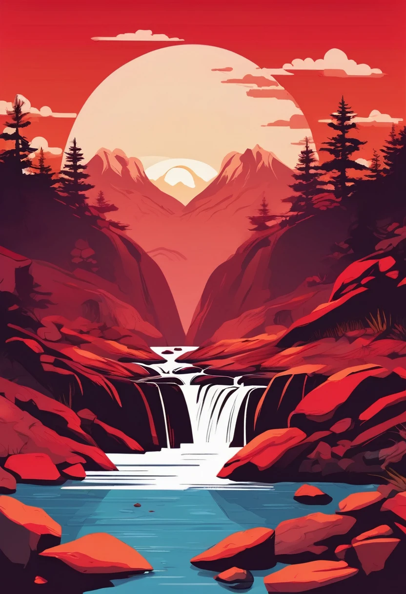 Waterfall flowing out of the canyon,Gather into streams,There are stones of different sizes around,There are a few small fish in the water.,A red sunset hangs on the distant mountain peaks,Vector illustration,8k,high quality,The Minimalists,Illustration style,Pure white background,