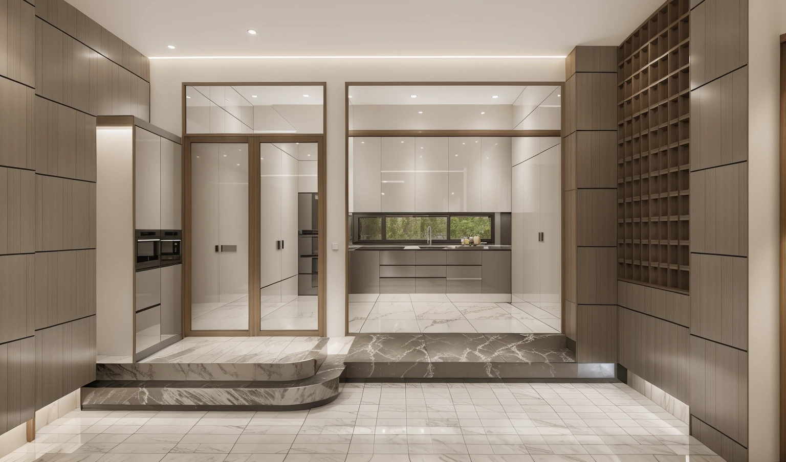 minimalist kitchen, glossy oak panel