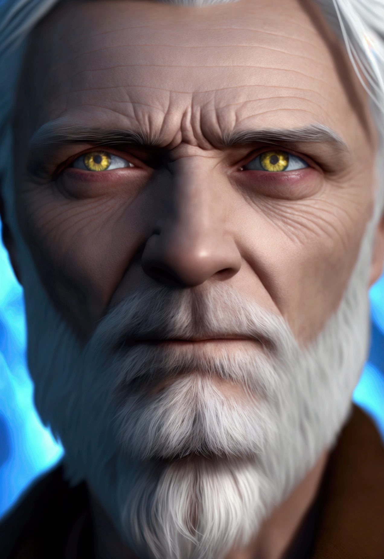 40 year old man with straight white hair, looking serious, very detailed face, short beard, eyes with white light, ice effects, 4k, ultra realistic, eyes with power
