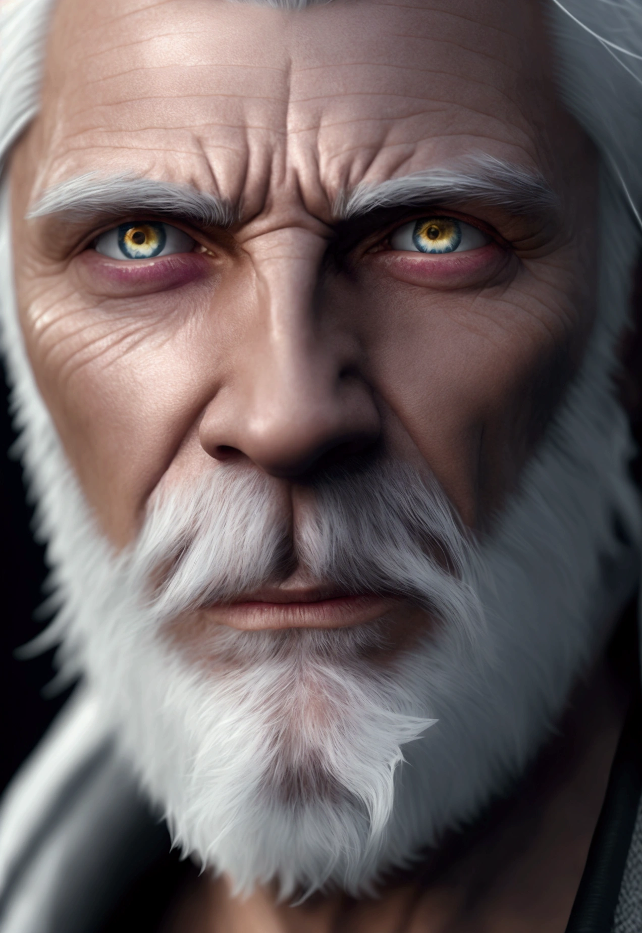 40 year old man with straight white hair, looking serious, very detailed face, short beard, eyes with white light, ice effects, 4k, ultra realistic, eyes with power