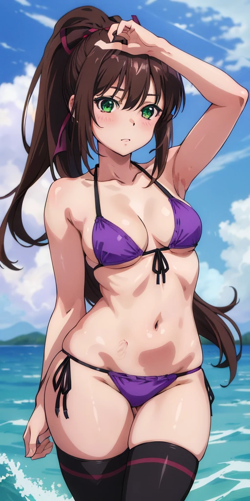 masterpiece, best quality,1girl,solo,kirasaka sayaka,brown hair,long hair,ponytail, hair ribbon, green eyes,,purple thighhighs, wariza, (bikini).