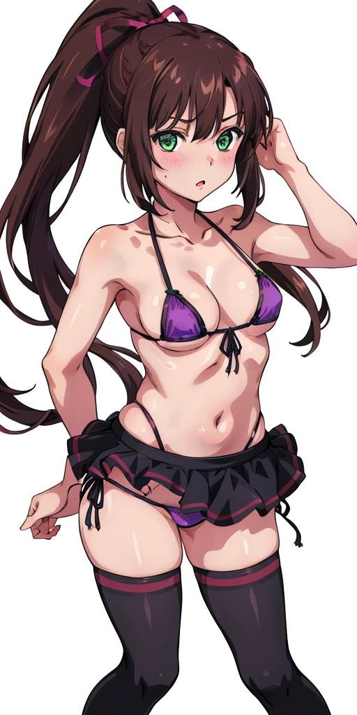 masterpiece, best quality,1girl,solo,kirasaka sayaka,brown hair,long hair,ponytail, hair ribbon, green eyes,,purple thighhighs, wariza, (bikini). 