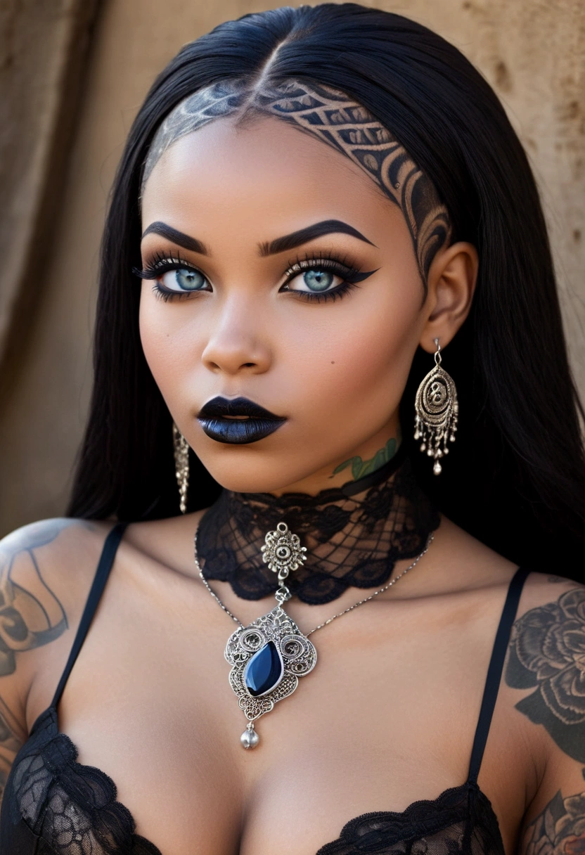 Create a photo realistic hyper realistic heavily tattooed young adorable native American goth girl, beautiful perfect face, vibrant sapphire eyes, thin curved black eyebrows, long luscious eyelashes, black eyeliner, black eye shadow, puckered curved lips, thick black lipstick, long natural african hair, black lace choker collar, voluptuous curved body, black lingerie, black thong,