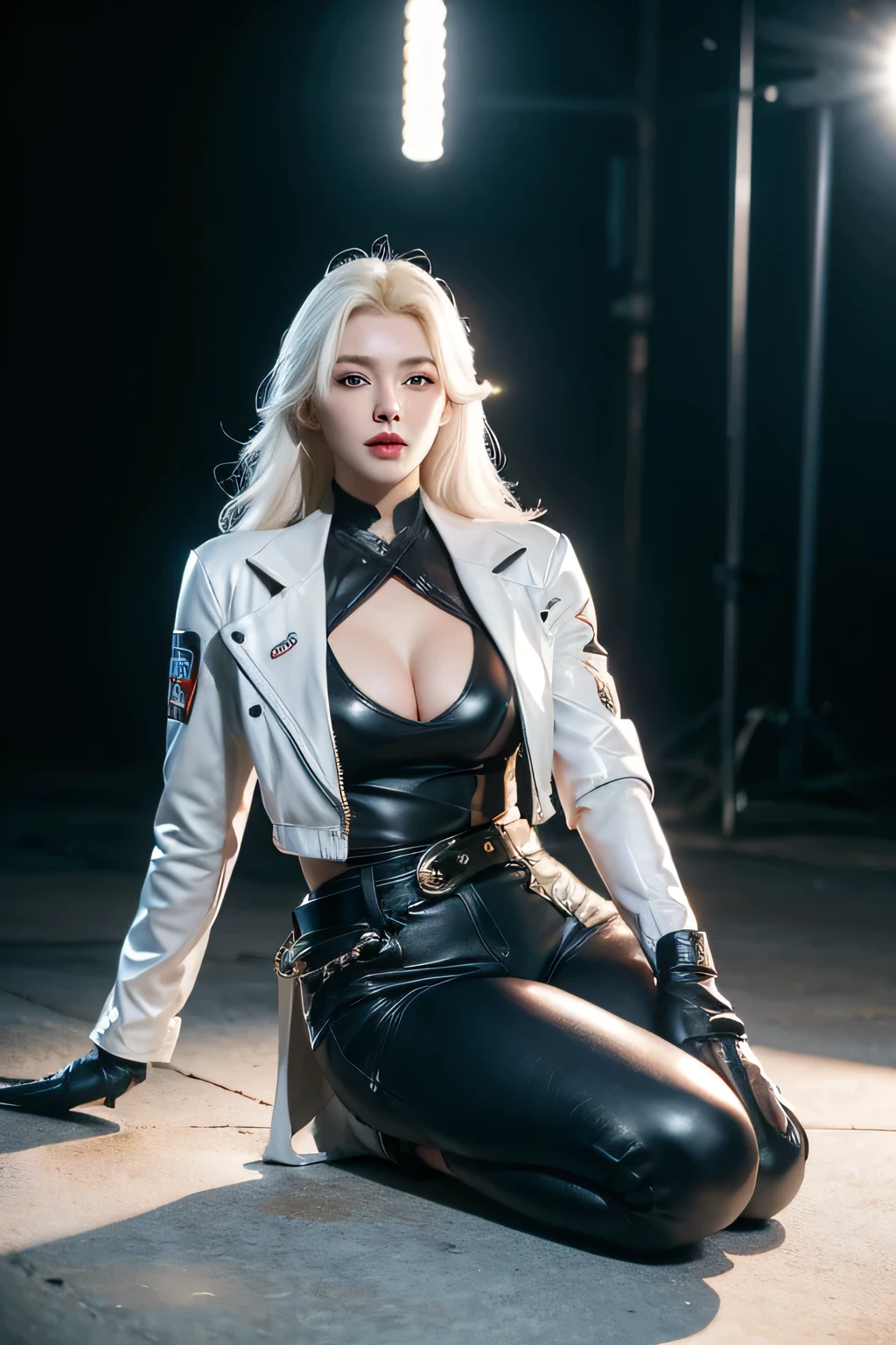 Lauriel Aov, 1girl, solo, long hair, blonde hair, white hair, alternate hair color, multicolored hair, bangs, shiny, shiny hair, blue eyes, looking at viewer, mole, mole under eye, lips, cleavage, cleavage cutout, breasts, large breasts, jacket, white jacket, cropped jacket, clothing cutout, open clothes, open jacket, bodysuit, gloves, fingerless gloves, black gloves, belt, pants, black pants, shoes, white footwear, alternate costume, 30s, mature female, best quality, ultra high res, (photorealistic:1.4), masterpiece, real life skin, hyper real