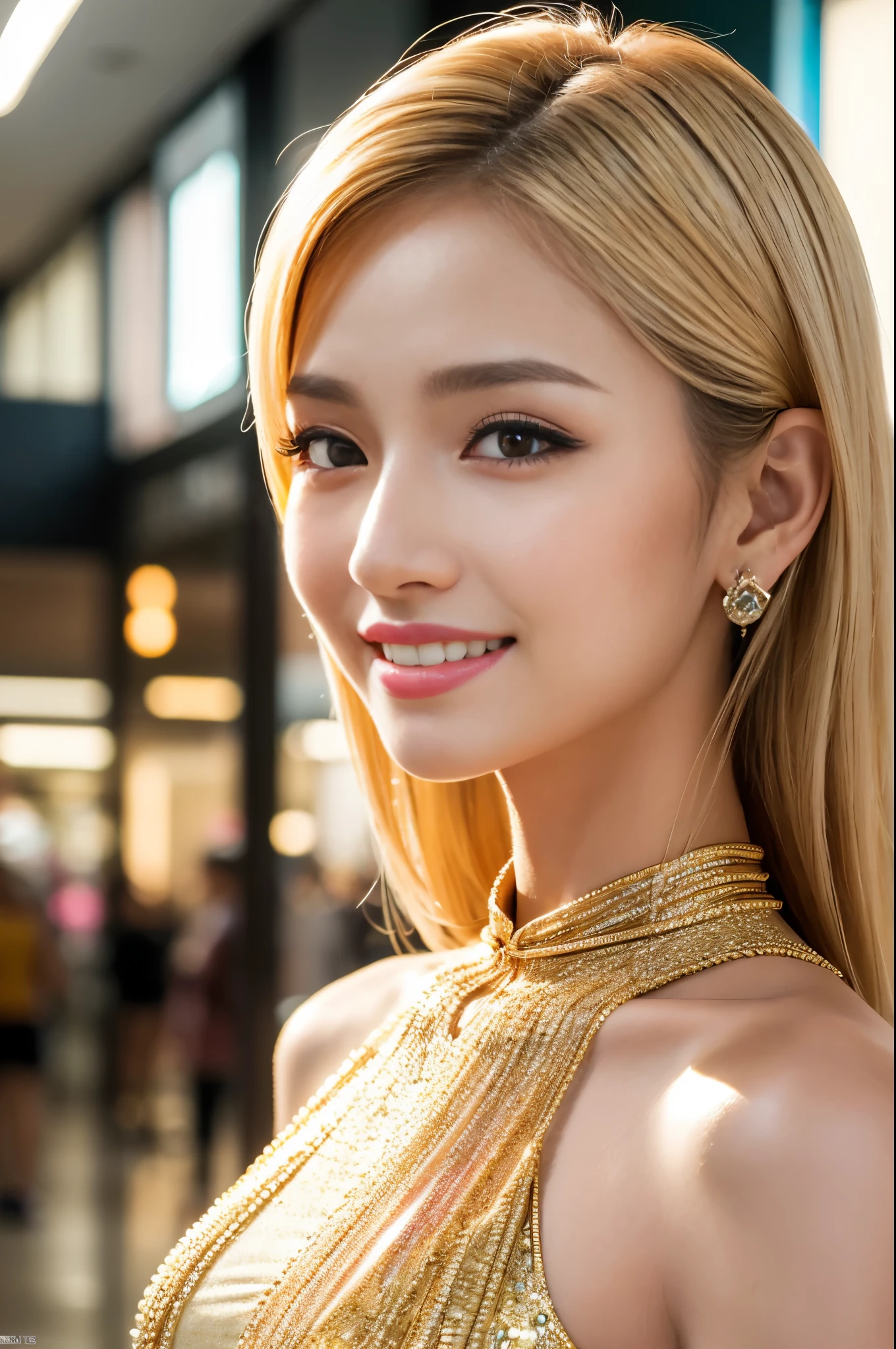 (best quality, 4k ,8k, highres, masterpiece:1.2), ultra-detailed, (realistic, photorealistic, photo-realistic:1.37), closeup, beautiful Thai woman, (slim girl), (happy smile), long lashes, beautiful makeup, platinum blonde hair, fair skin, slender figure, elegant posture, wearing large sparkling colorful jewelery, wearing a business style leather dress, standing in a large shopping mall, gentle sunlight shining through the shopping mall windows, casting a soft glow on her face, adding warmth to the scene, vibrant colors, capturing the essence of vibrant city life, portrait style, showcasing her natural beauty and grace in a feminine way