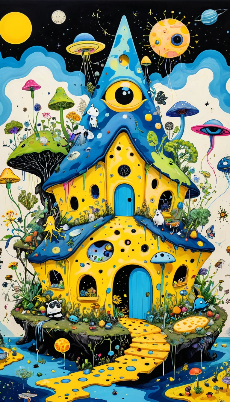 Children's graffiti：Intense visual fusion of various elements，broto，microorganism、plantar、Cheese house、Eye、wild animal life，Stitching an abstract painting，Describing the inner world of autistic people，Sense of space，blank space，interesting，innocence，psychedelic art，blue and yellow and black,