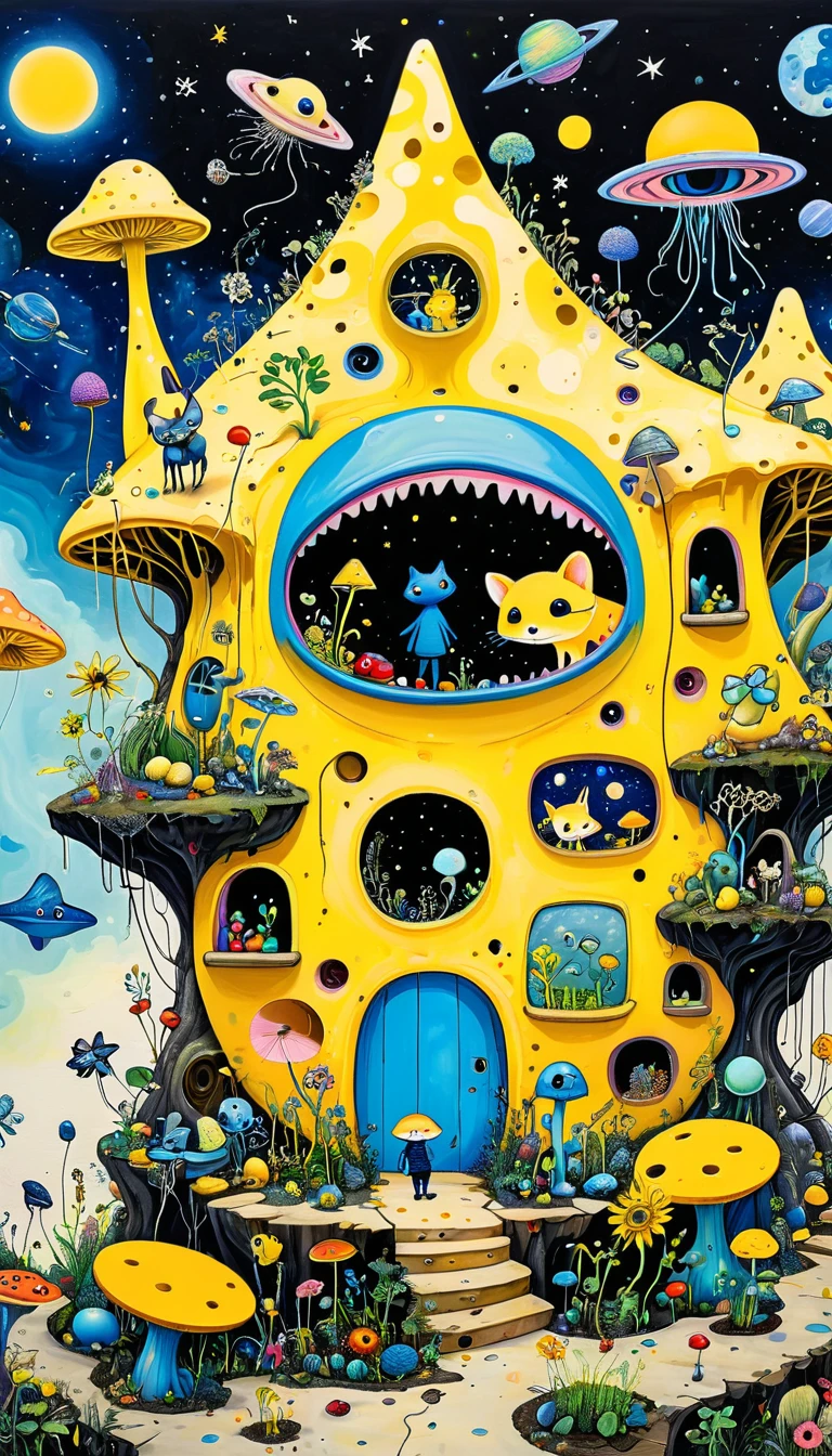 Children's graffiti：Intense visual fusion of various elements，broto，microorganism、plantar、Cheese house、Eye、wild animal life，Stitching an abstract painting，Describing the inner world of autistic people，Sense of space，blank space，interesting，innocence，psychedelic art，blue and yellow and black,