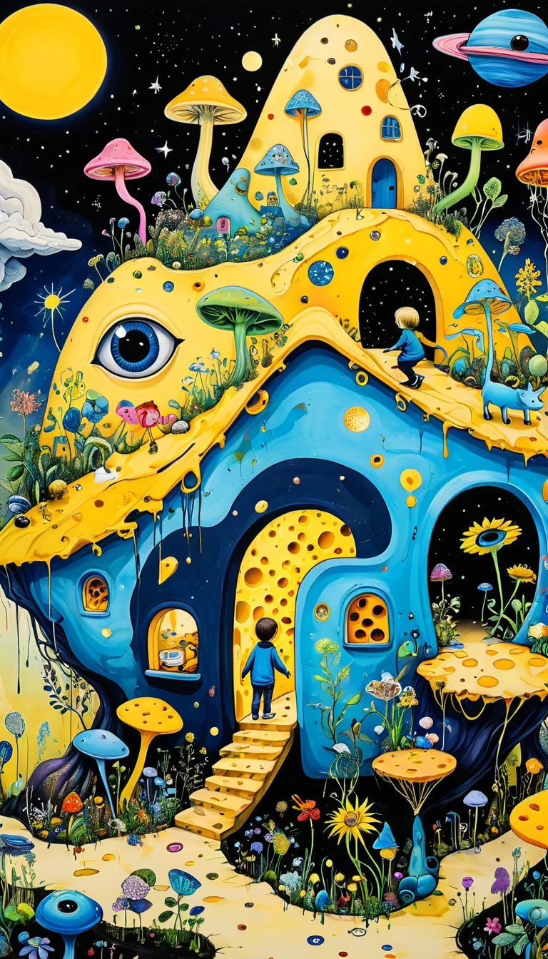 Children's graffiti:Intense visual fusion of various elements,broto,microorganism、plantar、Cheese house、Eye、wild animal life,Stitching an abstract painting,Describing the inner world of autistic people,Sense of space,blank space,interesting,innocence,psychedelic art,blue and yellow and black,