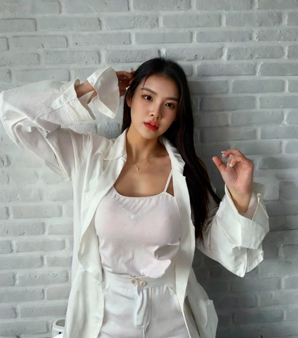 there is a woman posing in a white shirt and shorts, in white clothes, wearing white clothes, wearing white camisole, basia tran, clothed in white shirt, mai anh tran, anna nikonova aka newmilky, a beautiful woman in white, sha xi, white clothes, bella poarch, white outfit, fanart, leaked image