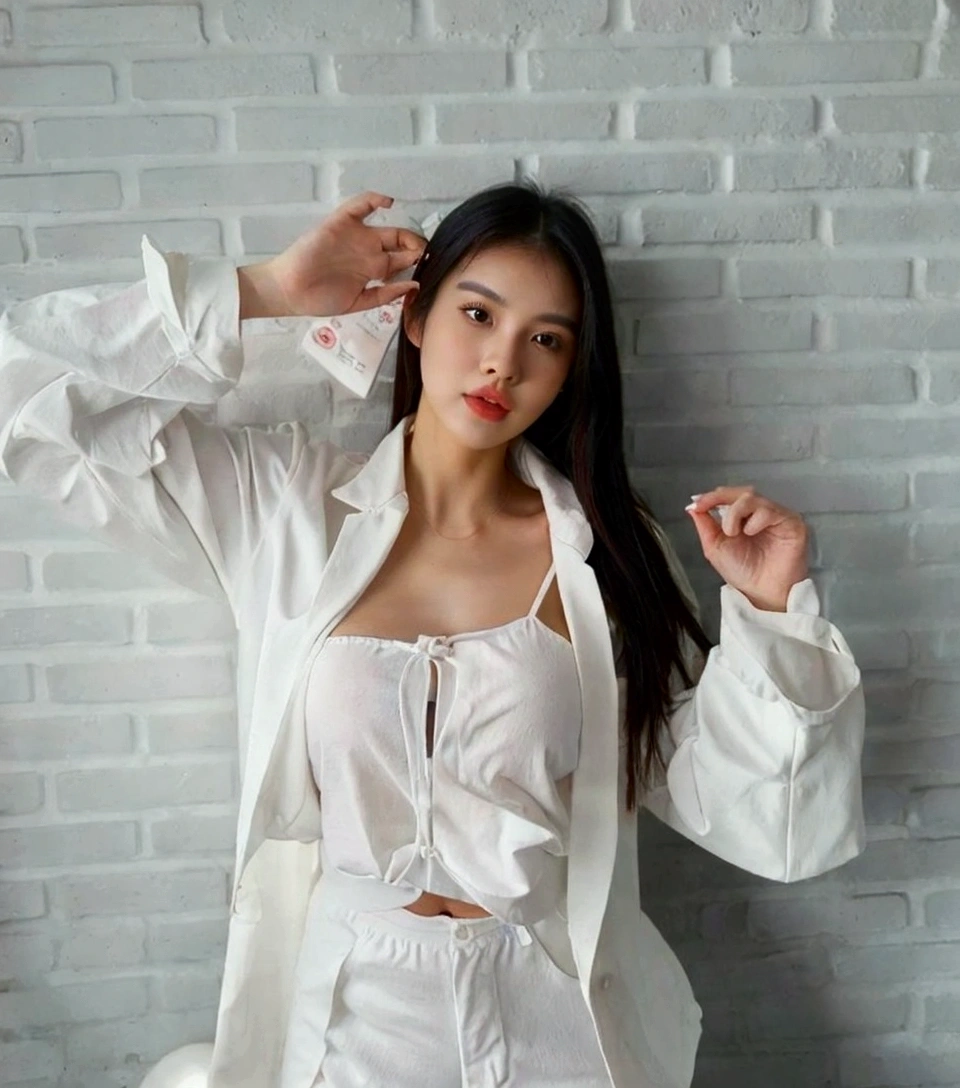 there is a woman posing in a white shirt and shorts, in white clothes, wearing white clothes, wearing white camisole, basia tran, clothed in white shirt, mai anh tran, anna nikonova aka newmilky, a beautiful woman in white, sha xi, white clothes, bella poarch, white outfit, fanart, leaked image