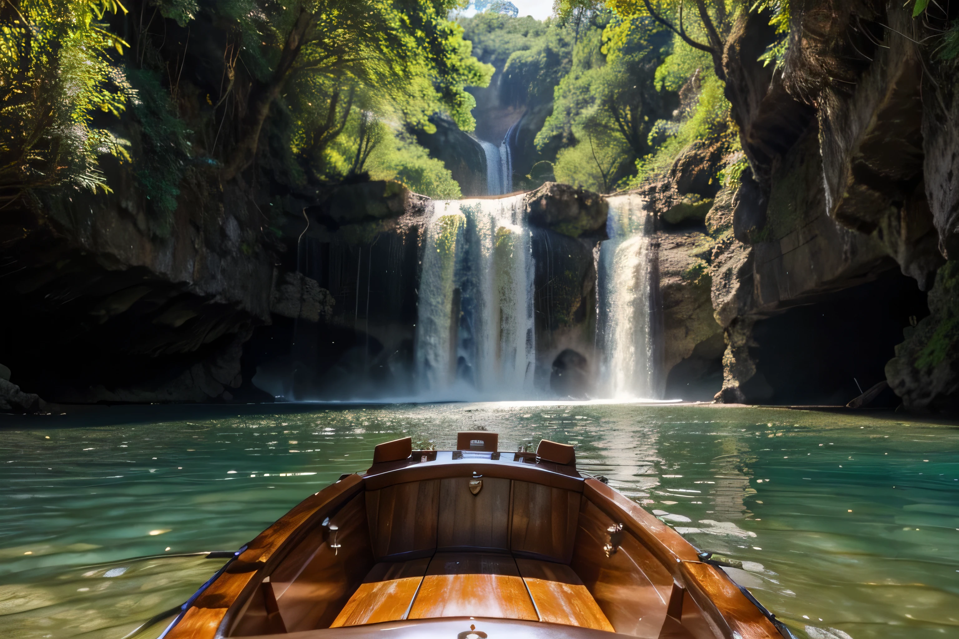 realistic photo closeup of a ((nice motorboat)) lit by the sun, beautiful water caves and waterfall in background, beautiful colors, 4k, detailed, details, HD