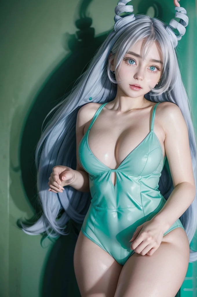 Nejire, realistic, age 28, pure white skin, blue pupils, blue long hair, horns like hair, perfect face, perfect shape body, perfect large breasts, blue green suit, posing to viewer, 8k , ultra realistic.