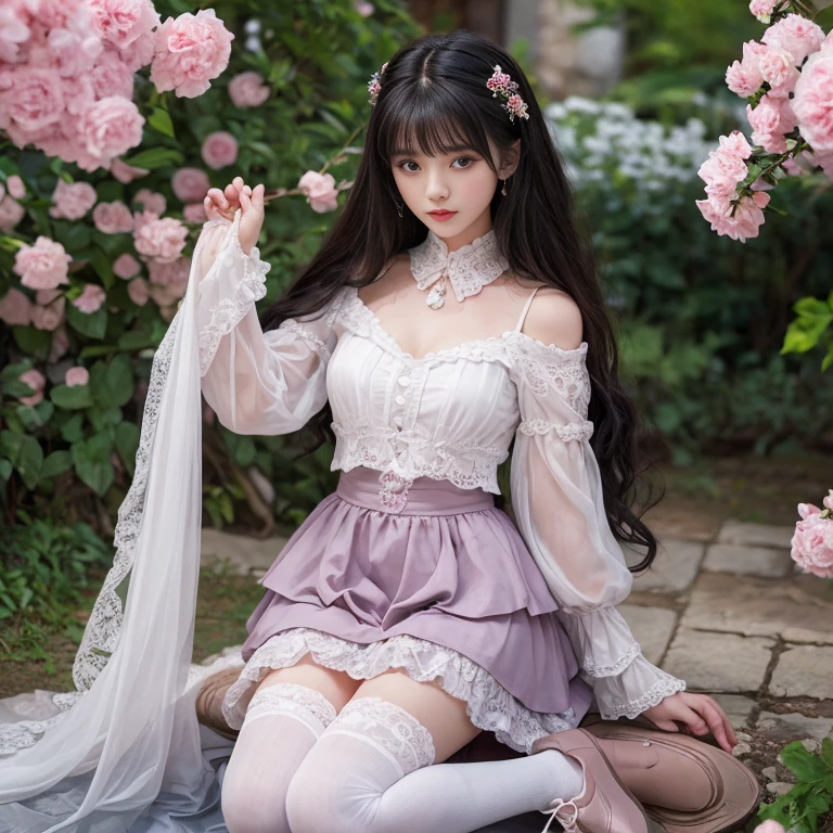 best quality, masterpiece, lifelike, 1 girl, solitary, eternity, black hair, Long curly hair, Bangs, laugh out loud, layered lace skirt, Puff sleeves, Wide sleeves, Transparent sleeves, flower, Detailed Background, Delicate face,pink blush,White,knee socks, pink shoes,cold,lots of lace,((masterpiece))、(top quality)、8k、high detail、Super detailed、 21 years old female,masterpiece、born、intricate details showcase the ruffles and intricate designs of the Lolita dress、fair、magic、realism、Visual effects、FXAA、SSAO、Shader、voiceless、ambient lighting、Tone mapping、High resolution、Ultra high quality、Million pixels、(8k resolution:1.10)、8k resolution、high detail、intricate details、 (high quality:1.2、masterpiece:1.2、:1.21)、(21 years old female),Hair accessories are not allowed,Landscape photos