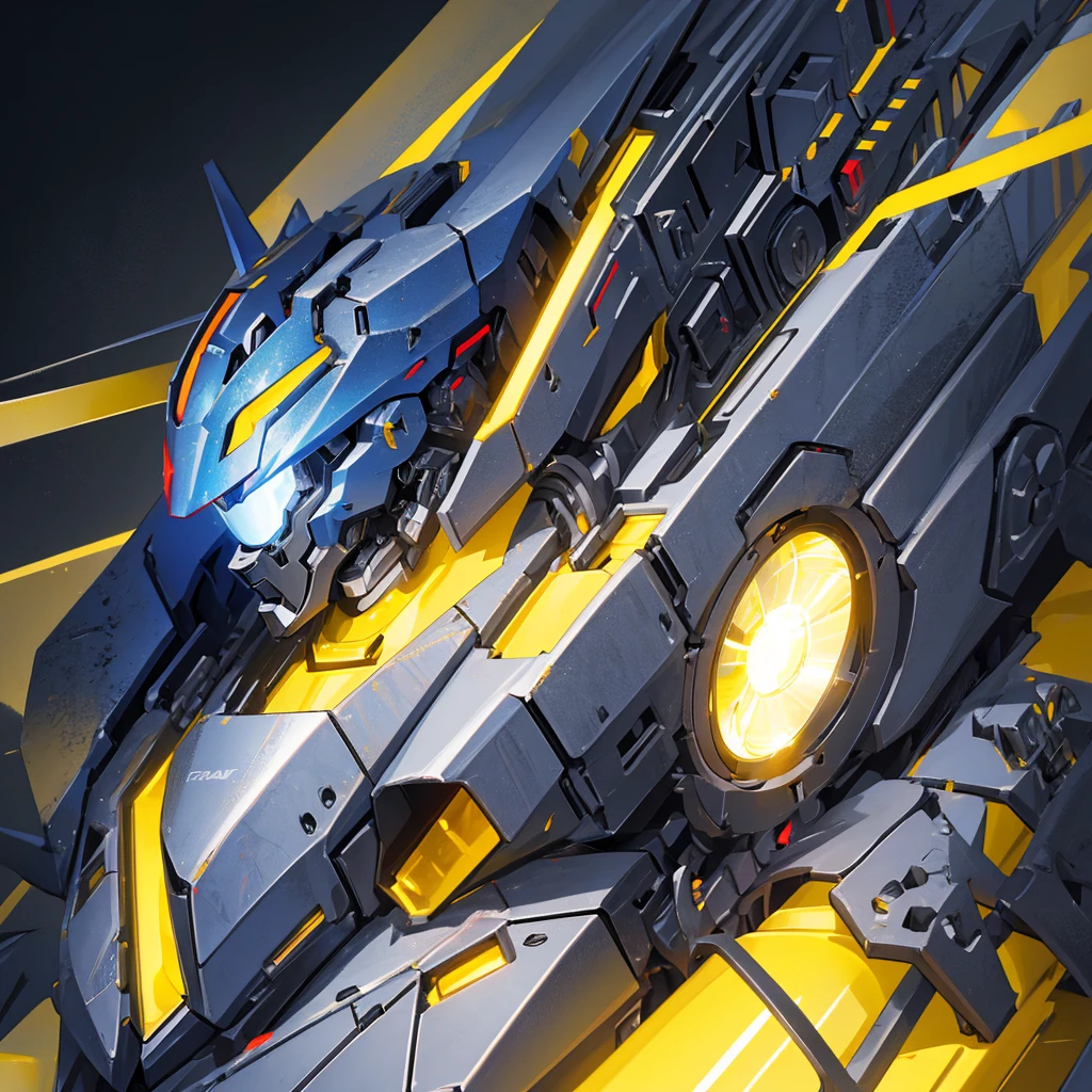 A mecha made of steel,Shield,A huge mecha flashing yellow light,((Pure black background))
