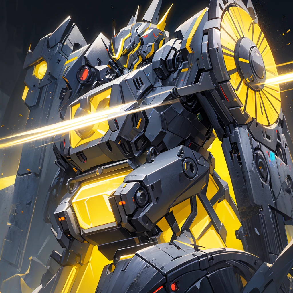 A mecha made of steel,Shield,A huge mecha flashing yellow light,((Pure black background))