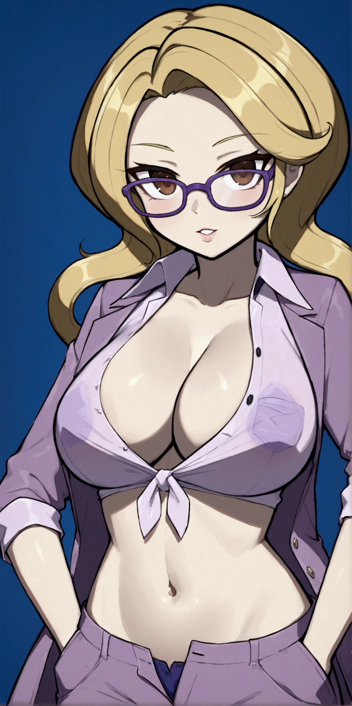 A beautiful sexy girl with a big breast, long round blonde hair, braids, her brown eye, big purple glasses, wearing a blouse, a light purple pocket with a button, tied knot, showing a navel and a blue shorts, a pocket with a black heel.