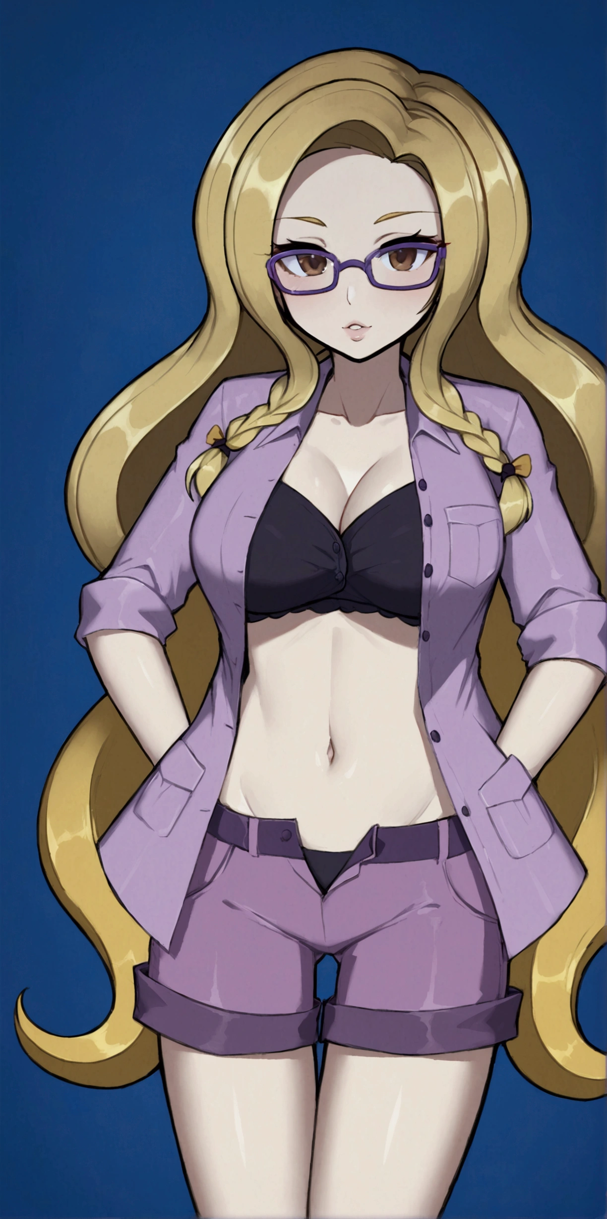 A beautiful sexy girl with a big breast, long round blonde hair, braids, her brown eye, big purple glasses, wearing a blouse, a light purple pocket with a button, tied knot, showing a navel and a blue shorts, a pocket with a black heel.