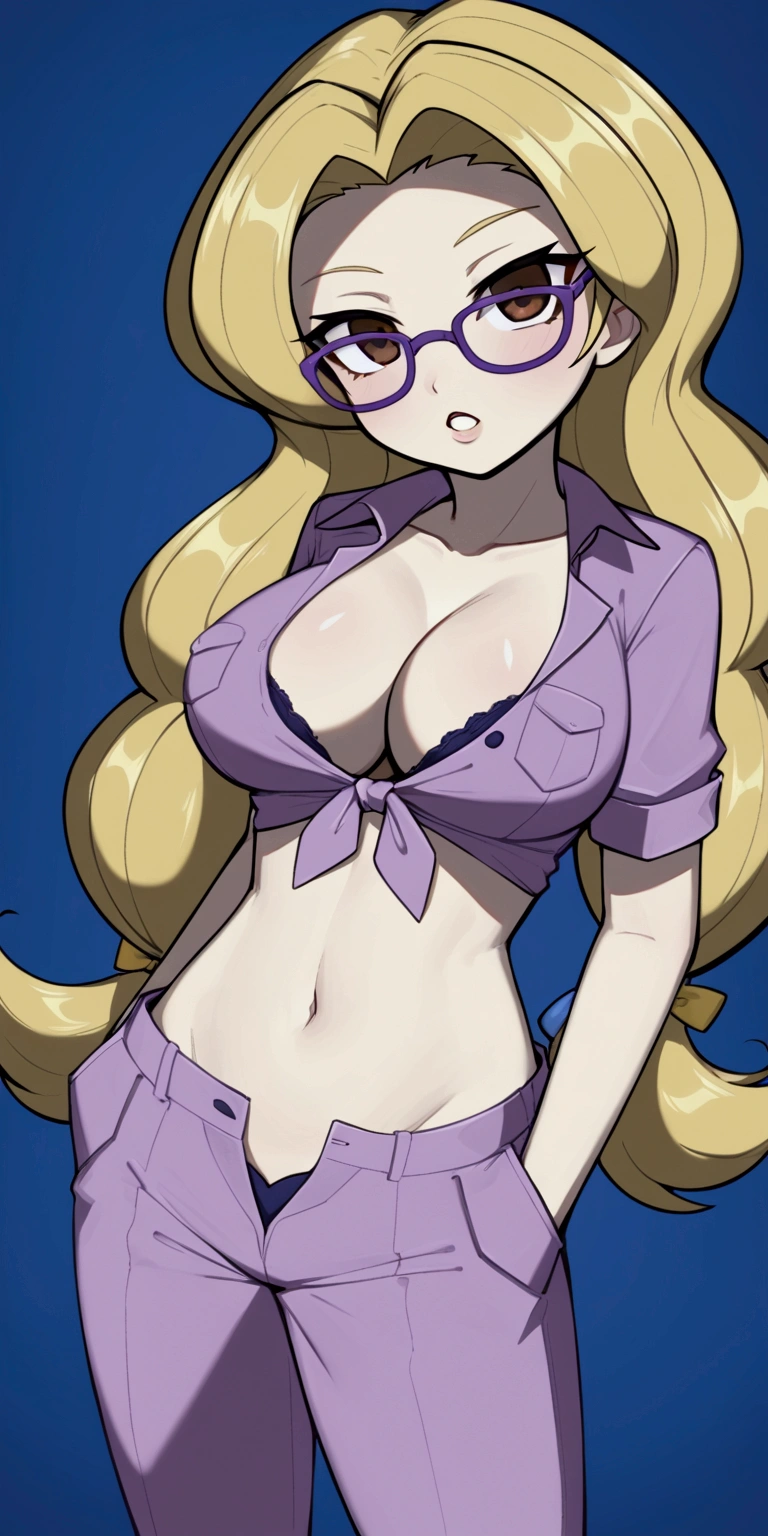 A beautiful sexy girl with a big breast, long round blonde hair, braids, her brown eye, big purple glasses, wearing a blouse, a light purple pocket with a button, tied knot, showing a navel and a blue shorts, a pocket with a black heel. 