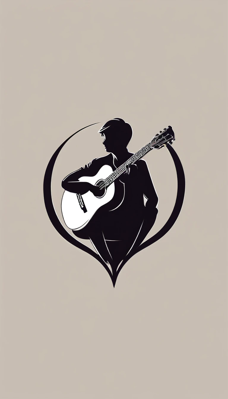 A minimal, modern, simple, cinematic logo design for the storyteller brand “Penamemoria". Create a modern, minimalistic, high-quality, logo of a feather-boy playing acoustic guitar. Make the logo fantastic, unique, modern, simple, minimalistic, dreamy, memorable, nosthalgic, storyteller.