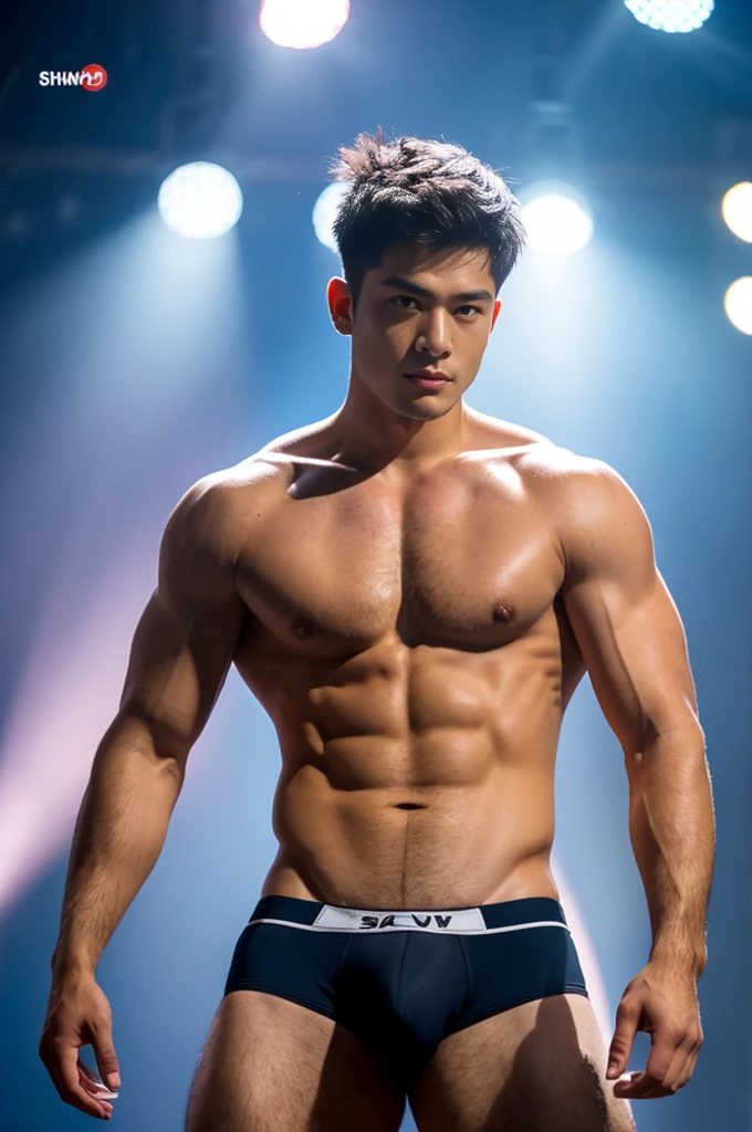 (8k, RAW Photos, Highest quality) masterpiece, 1 ager, 18-year-old, Asian Muscular Man Watching the Viewer, Stand in front, Exposing his huge muscular chest, Puffy nipples, Sexy Six Pack, Tight waist, good looking, topless, Thick body hair, A man wearing thong underwear , Gradient Background, Shine & Sequin Backdrops , Cinema Lighting, Ultra-high resolution