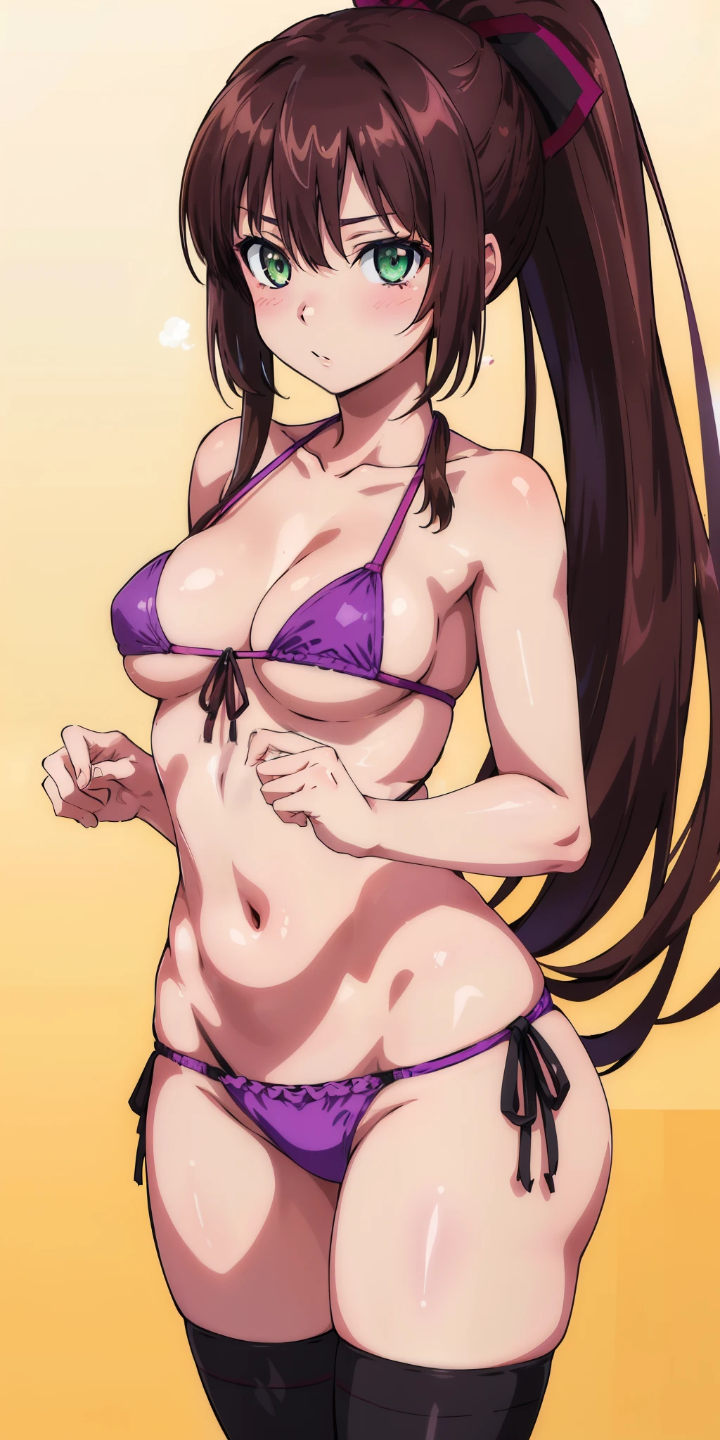 masterpiece, best quality,1girl,solo,kirasaka sayaka,brown hair,long hair,ponytail, hair ribbon, green eyes,,purple thighhighs, wariza, (bikini). 