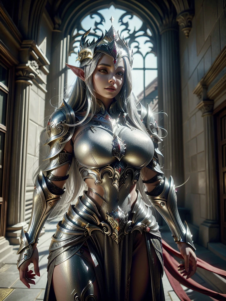 Realistic image cinematic shadows. in the courtyard realm. There is Elven Woman Queen, with Crown, Illuminated Face, Hips, Toned, Round Breasts, Gypsy, ((thick armor of silver infected with Gold)) reflecting sunlight
