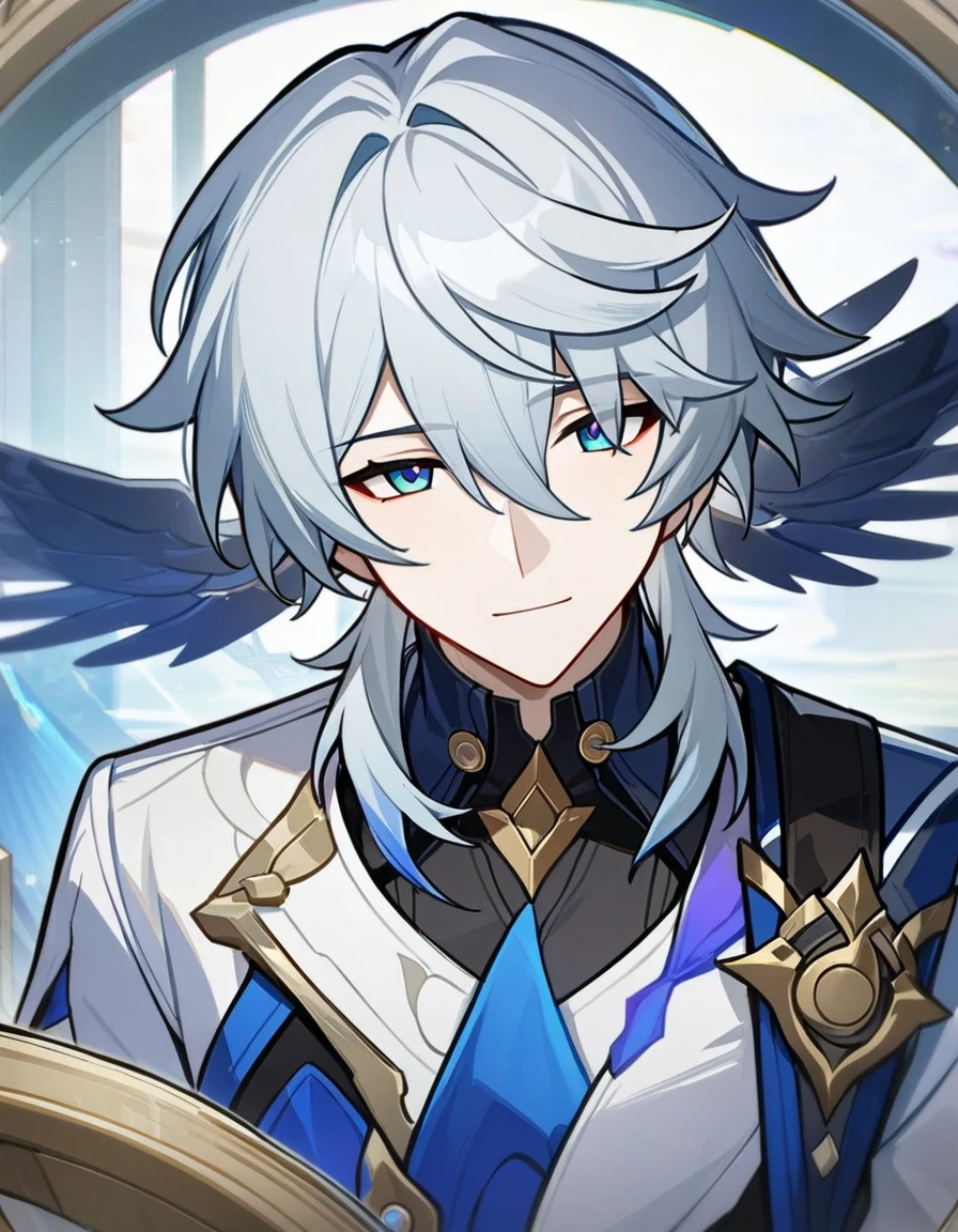 1 male, short hair, white hair, blue eyes, sunday(honkai:star_rail) clothes, (best quality,4k,highres,masterpiece:1.2), teenager