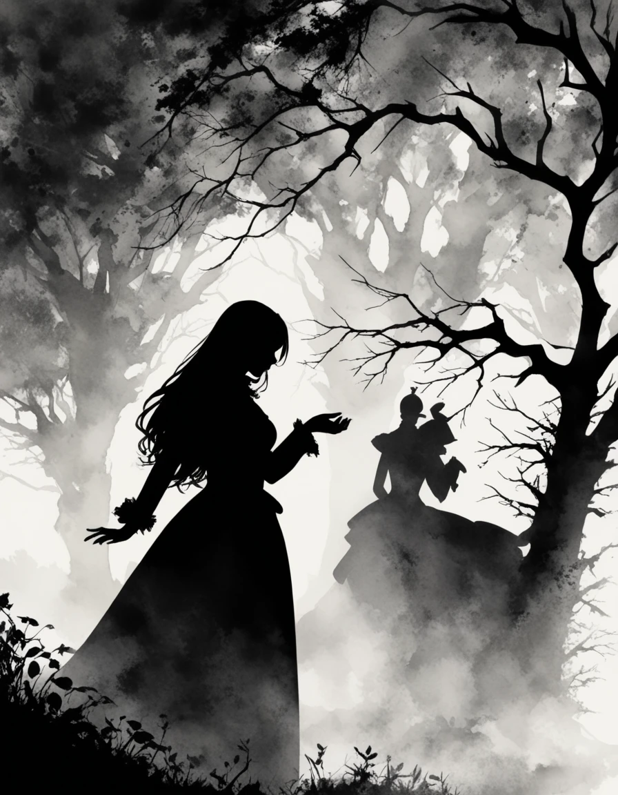 A dark environment，Silhouette of a beautiful long-haired woman，A middle-aged gentleman in aristocratic attire，Stroke chest with one hand，Noble etiquette，magical，Silhouette，Black and White，Tree SilhouetteNu Goth Art，Cartelcore，BW，Woodcarving，Side Light，Watercolor，Amaro，abstract，Velvia，flickr，pixiv，One color，Curtsey