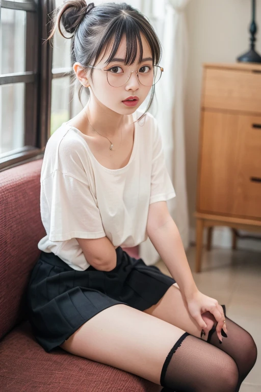 loose socks、Sitting on the couch、Bun Hair、((She wears cute glasses))、Pleated skirt、Black Shirt、Drunk、(Sexual Ecstasy)、Glasses、Highest quality, Realistic, Super delicate illustration, Beautiful and attractive girl, Slender body, One Girl, Girl Photos, Full Body Shot, Panty shot、